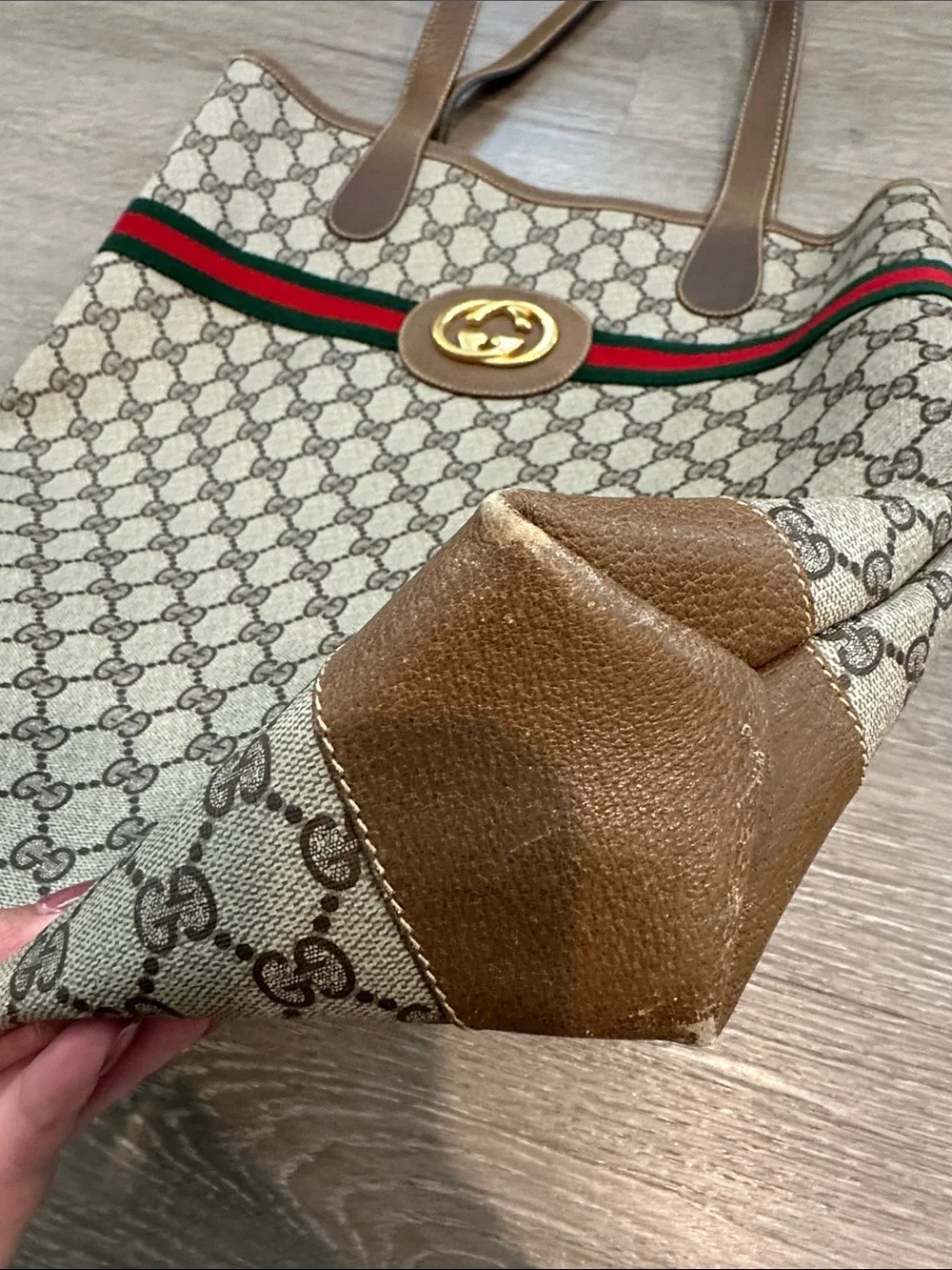 Gucci Beige Brown GG Supreme Tote with Green-Red Web Stripe